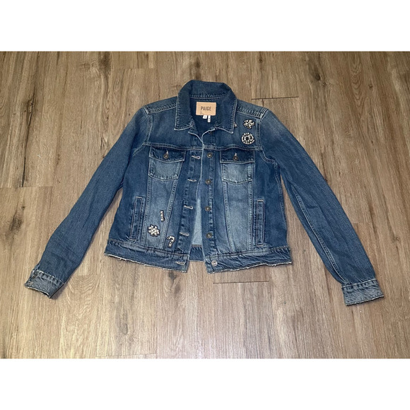 Paige “Ciao Baby!” Embellished Denim Jacket Women’s M Blue Pearl Rhinestone Jean - Picture 6 of 13
